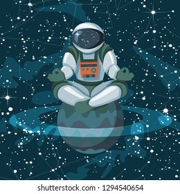 The concept of meditation, generation of ideas, communication with the cosmos. Astronaut in a lotus position on planet. Space with planets and stars in the background. Flat vector illustration.