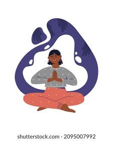 Concept of meditation. Girl sitting in lotus position. Character engaged in yoga and stretching. Inner tranquility and search balance. Esoterics and selfdevelopment. Cartoon flat vector illustration