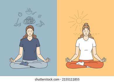 The concept of meditation and mental health. The girl practices meditation, at first she is disturbed by thoughts about problems, but over time everything returns to normal