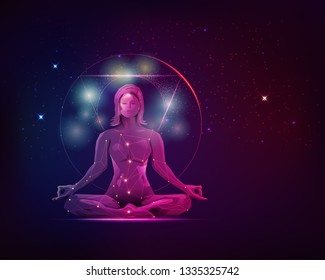 concept of meditation and spiritual development, graphic of female in meditating pose with galaxy stars background