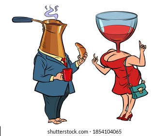 Concept meeting for Breakfast and dinner, coffee with croissant and wine. comics illustration drawing
