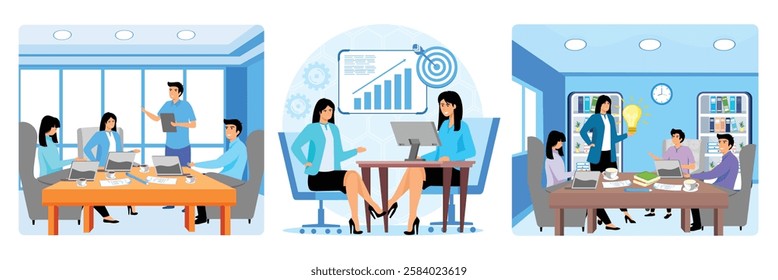 Concept of meeting clients. Two women engaged in a professional business meeting. Brainstorming with creative team concept with a group of professionals at an office brainstorming ideas together. 