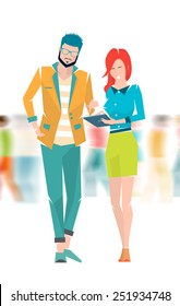 Concept of meeting and discussion between young people on the blurred background. Vector flat illustration.