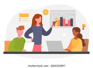 Concept of meeting. Girl points to graph. Analytical department will evaluate information received. Finding optimal way of company development, brainstorming. Cartoon flat vector illustration