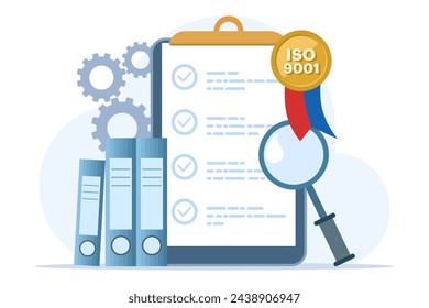 the concept of meeting quality control standards and obtaining ISO 9001 certificate. quality management certification, industrial standardization concept. Flat vector illustration on white background.
