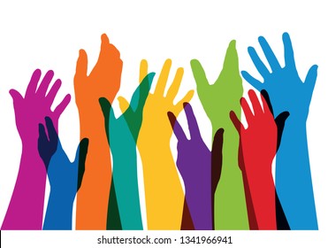 Concept of membership with a group of raised hands of different colors, to symbolize both union and diversity.