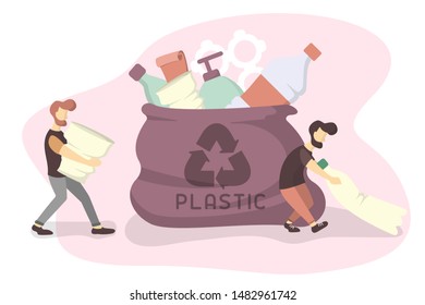 Concept with men collect plastic trash. Flat style vector illustration