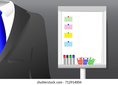 Concept of men`s  suit with shirt and tie standing next to the empty flip chart with moderation equipment is ready for your text.