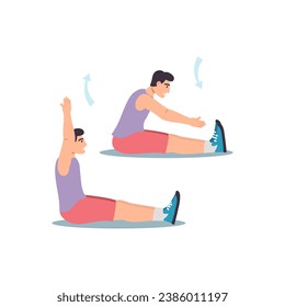 Concept Men's workout in the flat cartoon design. The guy is doing flexibility exercises, because this is important for full sports activities. Vector illustration.