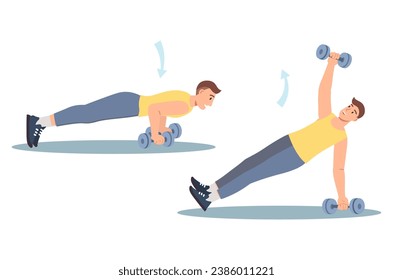 Concept Men's workout in the flat cartoon design. This captivating flat design illustration brilliantly conveys the concept of men engaging in sports with dumbbells. Vector illustration.