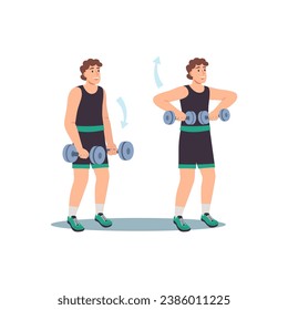 Concepto El entrenamiento de los hombres en el diseño de dibujos planos. Esta ilustración muestra a hombres que adoptan un estilo de vida activo y saludable con un enfoque en deportes y ejercicios tontos. Ilustración vectorial.