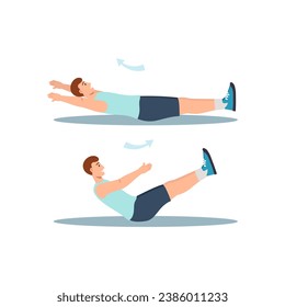 Concept Men's workout in the flat cartoon design. The image-instruction allows you to familiarize yourself with the technique of performing exercises for pumping up the press. Vector illustration.