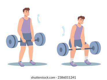 Concept Men's workout in the flat cartoon design. The concept illustration showcases men excelling in sports while lifting dumbbells with a sleek flat design aesthetic. Vector illustration.