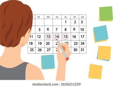 O conceito do ciclo menstrual, período de ovulação. A mulher marca os dias no calendário com uma ilustração