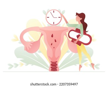 The Concept Of Menstruation. Female Uterus, Menstruation Tracking, Woman With Pad In Hand, Watch. Modern Illustration In Flat Style. Vector Illustration