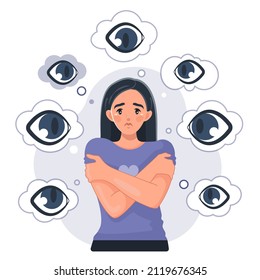 The Concept Of Mental Disorder And Paranoia. Sad Paranoid Girl Surrounded By Big Eyes. Persecution Mania, Depression, Fear, Phobia, OCD. Vector Illustration In Cartoon Style