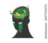 Concept of mental disorder. Problems of psychological health and mind. Anxiety, depression and stress. Abstract crying head with bad thoughts. Flat isolated vector illustration on white background