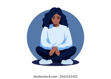 Concept of mental disorder, sorrow and anxiety. Sad lonely black skinned woman in depression. Vector illustration. Flat.