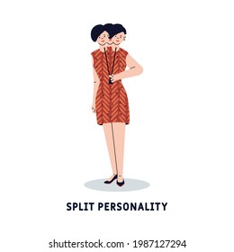 The concept of a mental disorder - a split personality. The female character suffers from bipolar mental disorder. Vector flat illustration isolated on a white background.