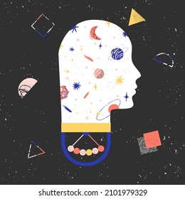 Concept Mental health, mental balance. Abstract human head, various geometric shapes, space, planets and stars. Hand Drawn Vector illustration.