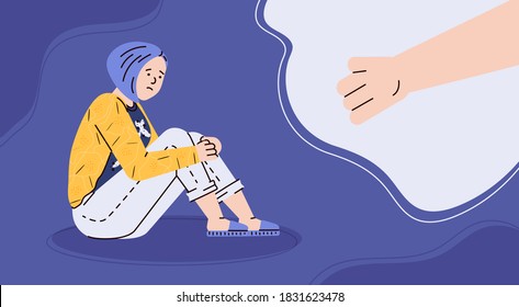 The concept of mental health, female psychology, suicide prevention and support for depressed teenager girls. Helping hand for sad unhappy lonely young woman. Vector illustration