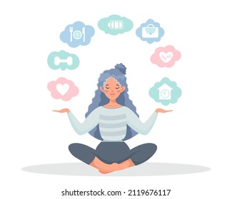 The concept of mental health. A happy girl in the lotus position and icons of physical and mental health habits. Love, sports, nutrition, career, family, etc. Lifestyle. Mental health care