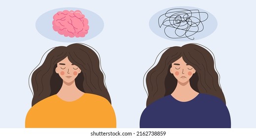 The concept of mental health. A happy girl with healthy thoughts, and a sad girl with depressive thoughts. Flat vector illustration