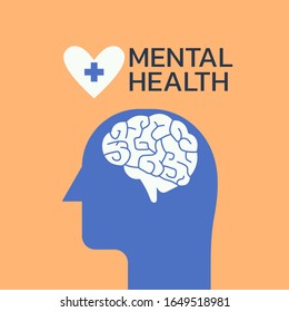 concept of mental health with human head silhouette with brain inside, mind, illness, psychological. sign symbol icon flat vector illustration 