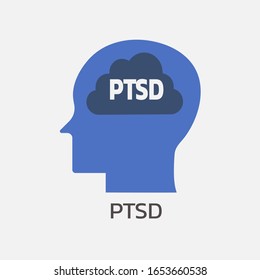 concept of mental health with human head silhouette with Post-traumatic stress disorder or PTSD inside brain or mind, psychological,sign symbol icon flat vector illustration 