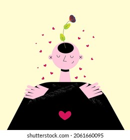 The concept of mental health, love for yourself, love for your soul. Mental health flourished in the girl. Flat geometric illustration