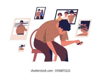 Concept of mental health problems, inner conflict, self-rejection and hatred. Depressed man hating his life and crossing out his past. Colored flat vector illustration isolated on white background