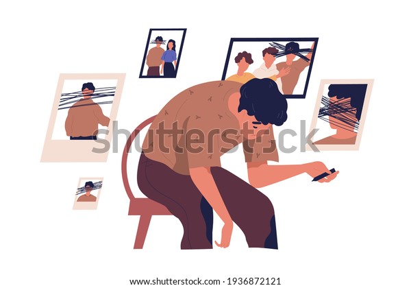 Concept of mental health problems, inner\
conflict, self-rejection and hatred. Depressed man hating his life\
and crossing out his past. Colored flat vector illustration\
isolated on white\
background