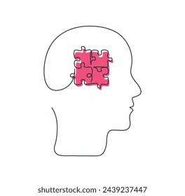 Concept of mental health. Profile of human head as single continuous line. Psychological and psychiatric therapy. Business idea and education. One line puzzle. Simple vector drawing white background.