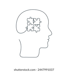 Concept of mental health. Profile of human head as single continuous line. Psychological and psychiatric therapy. Business idea, education. Puzzle. One line simple vector drawing on white background.