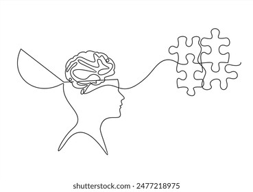 Concept of mental health. Profile of human head as single continuous line. Psychological and psychiatric therapy. Business idea, education. Puzzle. One line simple vector drawing on white background.