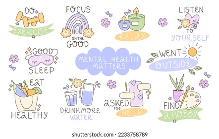 The concept of mental health and psychology. Daily routine, fresh food, hobbies, fitness, relaxation, sleep, plenty of water. Set of vector illustrations isolated on white background.