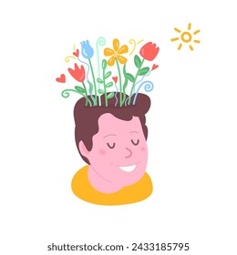 Concepto de salud mental, psicología. Cabeza de hombre con flores dentro. Pensamiento positivo, cuidado de sí mismo, vida lenta y saludable. Bienestar, bienestar y mente. Aceptación, ilustración abstracta del cerebro floreciente