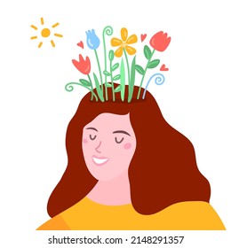 Concept of Mental health, psychology. Woman head with flowers inside. Positive thinking, self care, healthy slow life. Wellbeing, wellness mind. Acceptance, blooming brain abstract illustration