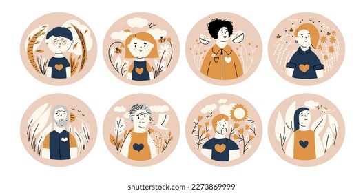 The concept of mental health. A set of stickers with people in nature experiencing positive emotions. Different characters with a healthy psyche.
