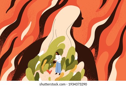 Concept of mental health, spiritual recovery, self-care and inner world development. Solving psychological problems and cultivating love to yourself. Colored flat textured vector illustration