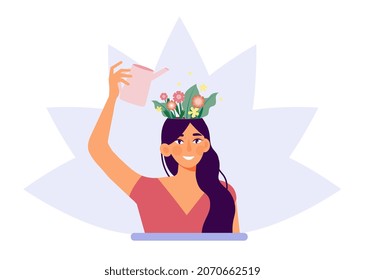 Concept of mental health. Woman waters flowers growing from her head. Metaphor of soul recovery. Female character restores psychological state. Emotional stability. Cartoon flat vector illustration