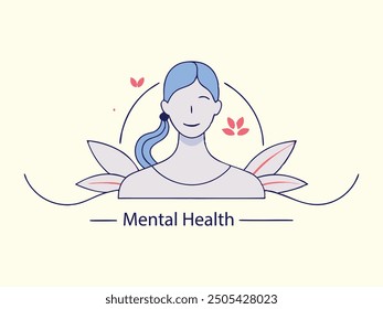 The concept of mental health. A young woman smiles and hugs her brain, symbolizing concern for mental health. Flat vector illustration