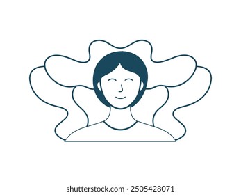 The concept of mental health. A young woman smiles and hugs her brain, symbolizing concern for mental health. Flat vector illustration