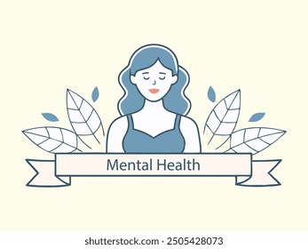 The concept of mental health. A young woman smiles and hugs her brain, symbolizing concern for mental health. Flat vector illustration
