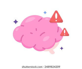 concept of mental illness, brain health problems, memory disorders. illustration of brain with warning sign. flat style design. graphic elements