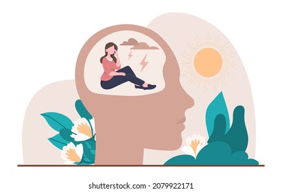 Concept of mental prison. Girl under clouds sits in silhouette of head. Internal problems and dead end in life. Self contained character. Unhappy woman, sad. Cartoon flat vector illustration