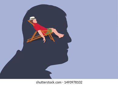 Concept of mental relaxation, with a man seen in profile who thinks lying on a deck chair resting.