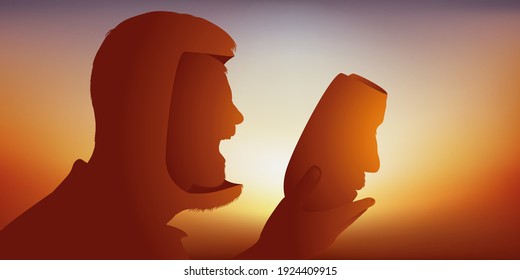 Concept of mental suffering with a man seen in profile who changes his expression, removing his impassive face, to show his inner anger.
