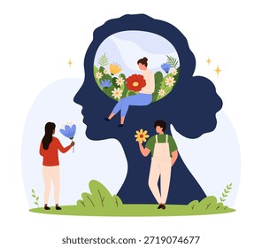 Concepto de bienestar mental con personas diminutas que nutren flores dentro de una cabeza humana que simbolizan el cuidado personal, pensamientos positivos, equilibrio emocional, crecimiento personal Ilustración vectorial aislada