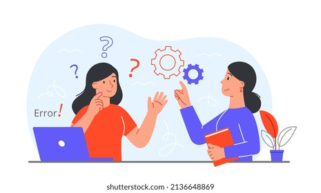 Concept of mentoring. Boss teaches subordinate how to use laptop or computer. Modern technologies and error correction in program, help and support, education. Cartoon flat vector illustration